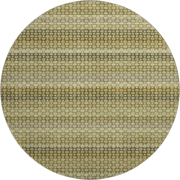 HomeRoots 8' Round Artichoke Green, Beige & Gray Striped Washable Rug with UV Protection for High-Traffic Areas 693573