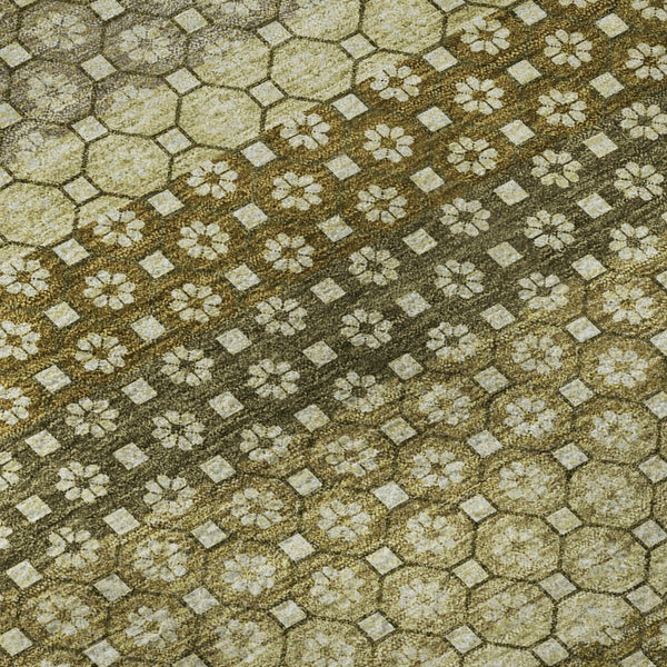 HomeRoots 8' Round Artichoke Green, Beige & Gray Striped Washable Rug with UV Protection for High-Traffic Areas 693573