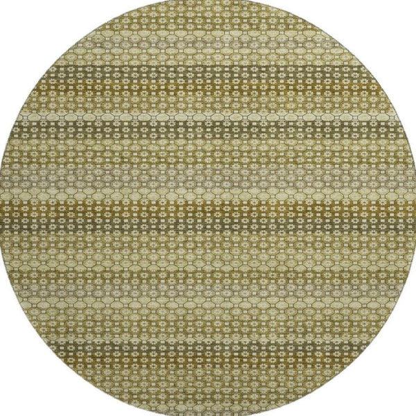HomeRoots 8' Round Artichoke Green, Beige & Gray Striped Washable Rug with UV Protection for High-Traffic Areas 693573