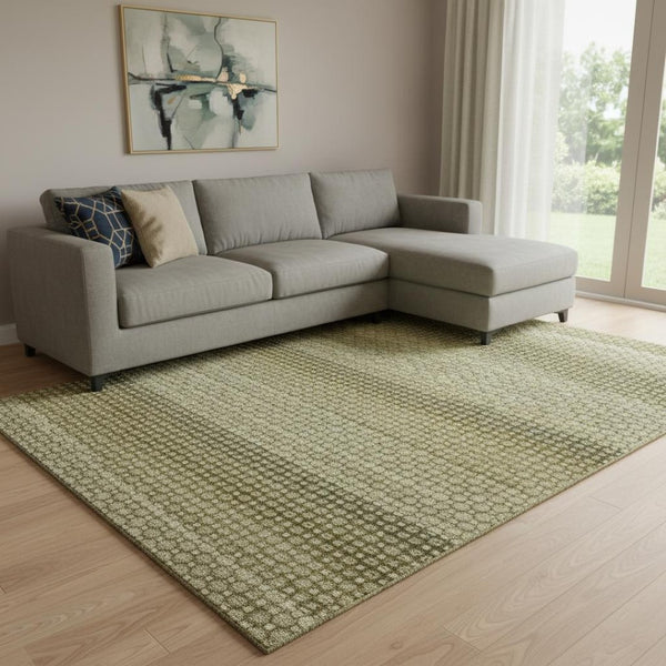 HomeRoots 8' Artichoke Green Beige Gray Striped Washable Area Rug with UV Protection for Busy Homes 693574