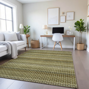 HomeRoots 9' X 12' Artichoke Green Striped Area Rug - Durable, Washable, UV Protected for Stylish Homes 693575