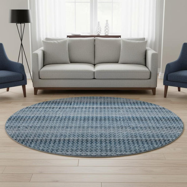 HomeRoots 8' Round Washable Rug in Denim Blue-Gray & Sky Blue Stripes - UV Protected, Durable, Family-Friendly Design 693579