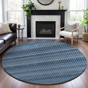HomeRoots 8' Round Washable Rug in Denim Blue-Gray & Sky Blue Stripes - UV Protected, Durable, Family-Friendly Design 693579