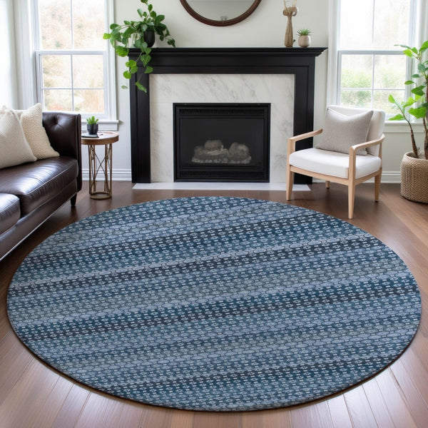 HomeRoots 8' Round Washable Rug in Denim Blue-Gray & Sky Blue Stripes - UV Protected, Durable, Family-Friendly Design 693579