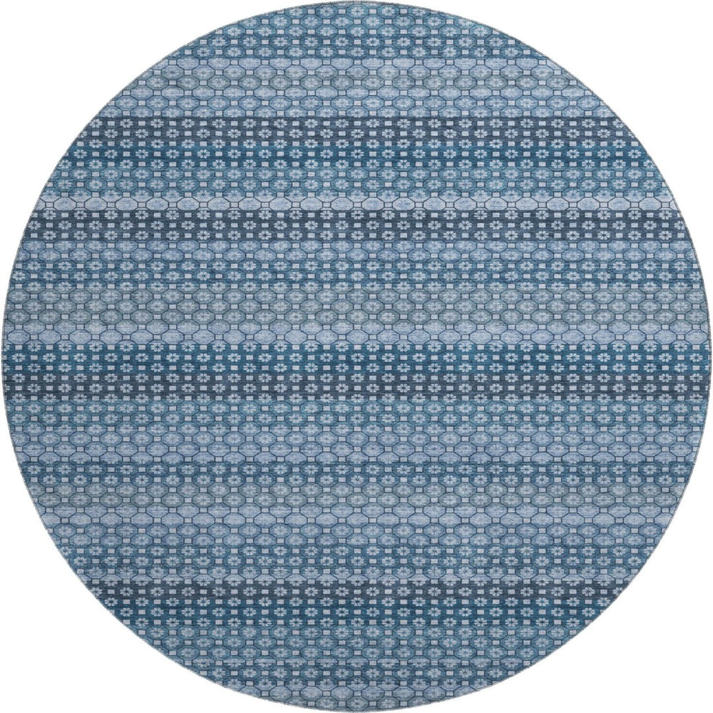 HomeRoots 8' Round Washable Rug in Denim Blue-Gray & Sky Blue Stripes - UV Protected, Durable, Family-Friendly Design 693579