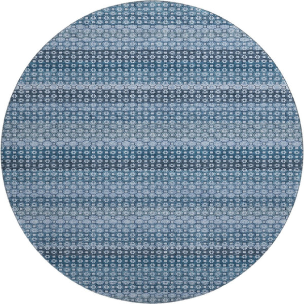 HomeRoots 8' Round Washable Rug in Denim Blue-Gray & Sky Blue Stripes - UV Protected, Durable, Family-Friendly Design 693579