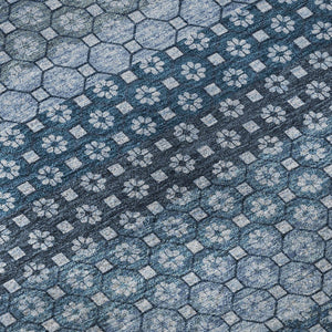 HomeRoots 8' Round Washable Rug in Denim Blue-Gray & Sky Blue Stripes - UV Protected, Durable, Family-Friendly Design 693579