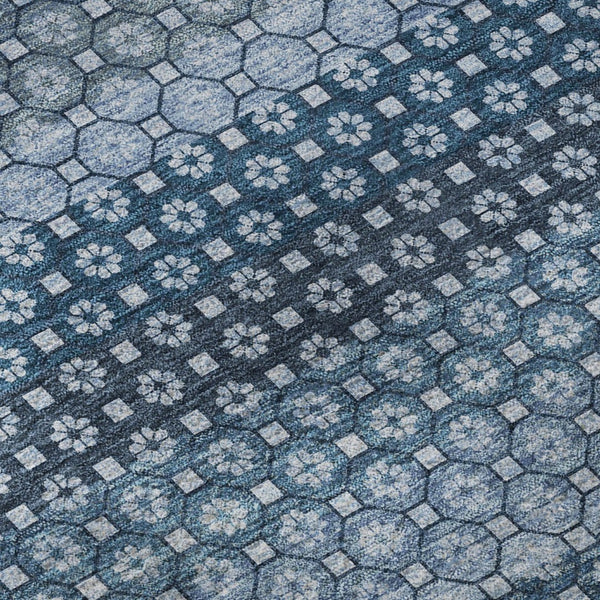 HomeRoots 8' Round Washable Rug in Denim Blue-Gray & Sky Blue Stripes - UV Protected, Durable, Family-Friendly Design 693579