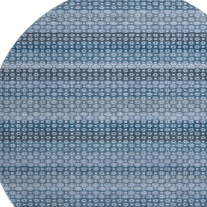 HomeRoots 8' Round Washable Rug in Denim Blue-Gray & Sky Blue Stripes - UV Protected, Durable, Family-Friendly Design 693579