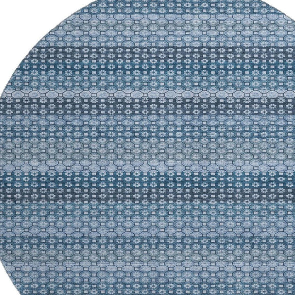 HomeRoots 8' Round Washable Rug in Denim Blue-Gray & Sky Blue Stripes - UV Protected, Durable, Family-Friendly Design 693579