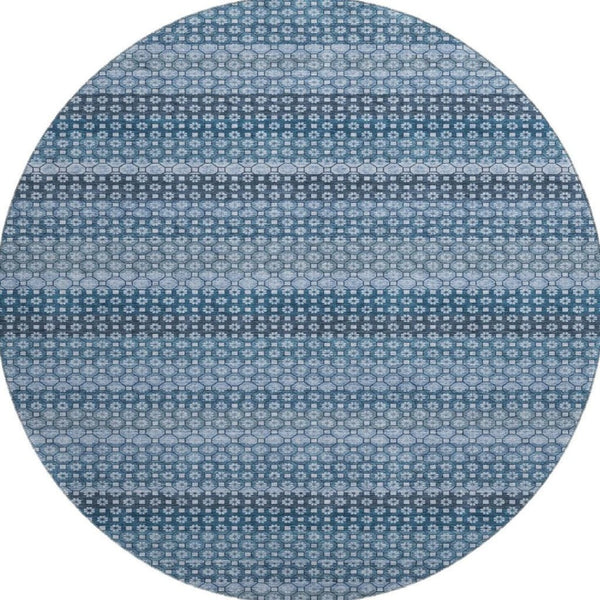 HomeRoots 8' Round Washable Rug in Denim Blue-Gray & Sky Blue Stripes - UV Protected, Durable, Family-Friendly Design 693579