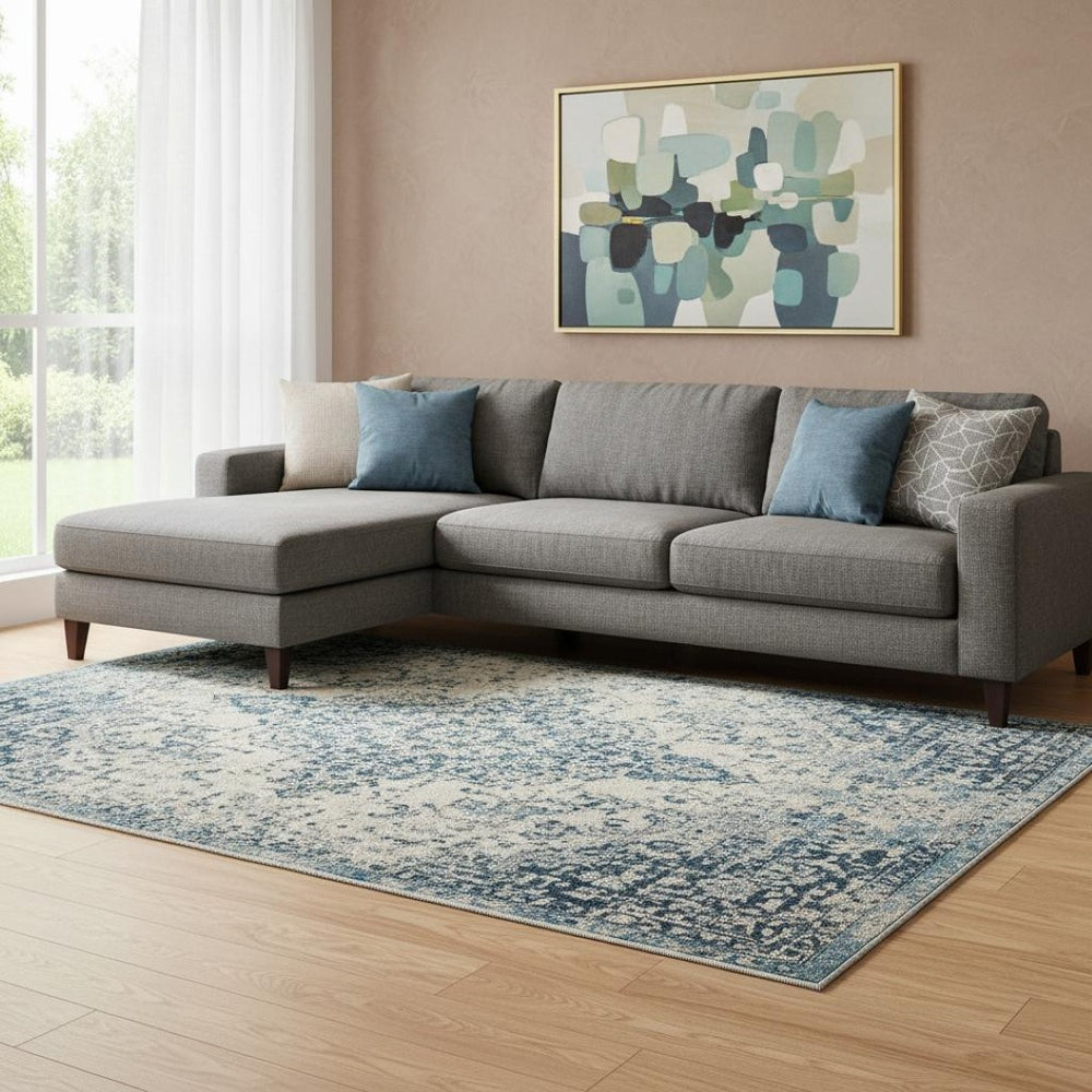 HomeRoots 8' Striped Washable Area Rug in Denim Blue & Gray - Durable, UV-Protected, Ideal for High-Traffic Spaces 693580