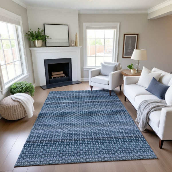 HomeRoots 8' Striped Washable Area Rug in Denim Blue & Gray - Durable, UV-Protected, Ideal for High-Traffic Spaces 693580