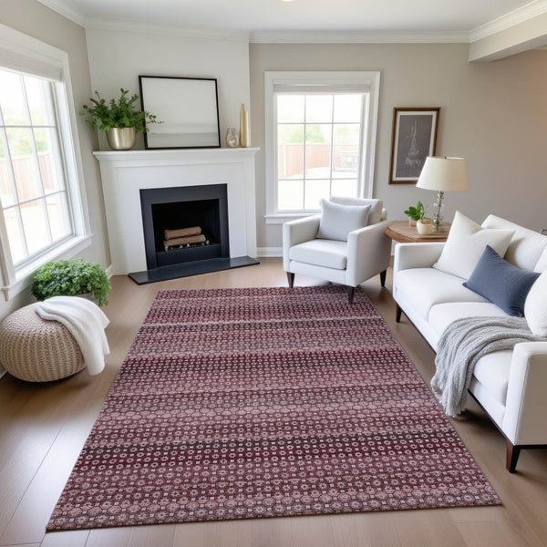 HomeRoots 5' X 8' Burgundy Merlot & Pink Striped Washable Area Rug with UV Protection for Stylish Living Spaces 693584