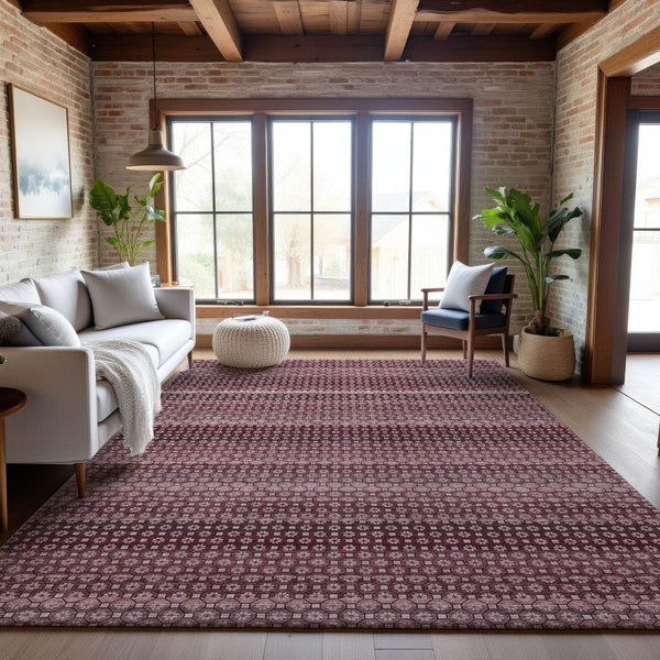 HomeRoots 5' X 8' Burgundy Merlot & Pink Striped Washable Area Rug with UV Protection for Stylish Living Spaces 693584