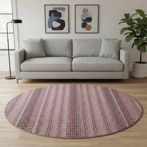 HomeRoots 8' Round Burgundy Merlot & Pink Striped Washable Rug - Durable, UV-Protected, Stain-Resistant Design 693585
