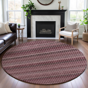 HomeRoots 8' Round Burgundy Merlot & Pink Striped Washable Rug - Durable, UV-Protected, Stain-Resistant Design 693585