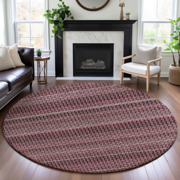 HomeRoots 8' Round Burgundy Merlot & Pink Striped Washable Rug - Durable, UV-Protected, Stain-Resistant Design 693585