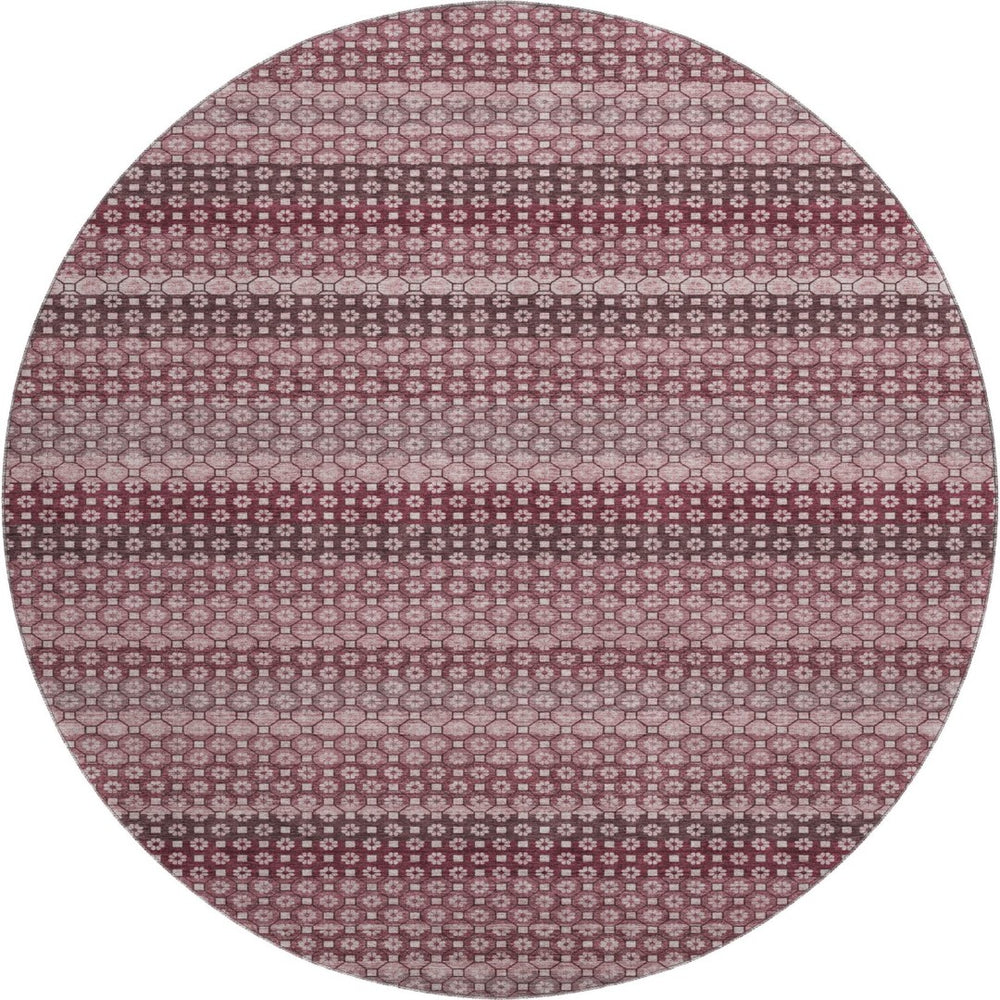 HomeRoots 8' Round Burgundy Merlot & Pink Striped Washable Rug - Durable, UV-Protected, Stain-Resistant Design 693585