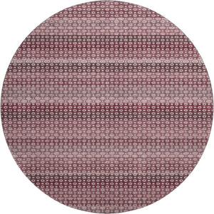 HomeRoots 8' Round Burgundy Merlot & Pink Striped Washable Rug - Durable, UV-Protected, Stain-Resistant Design 693585