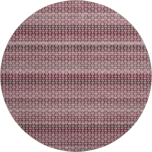 HomeRoots 8' Round Burgundy Merlot & Pink Striped Washable Rug - Durable, UV-Protected, Stain-Resistant Design 693585