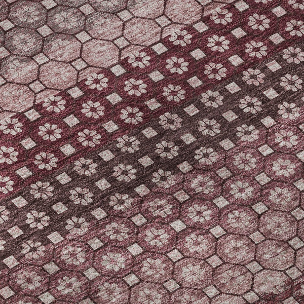 HomeRoots 8' Round Burgundy Merlot & Pink Striped Washable Rug - Durable, UV-Protected, Stain-Resistant Design 693585