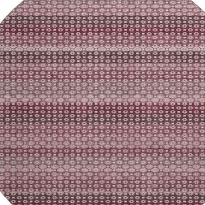 HomeRoots 8' Round Burgundy Merlot & Pink Striped Washable Rug - Durable, UV-Protected, Stain-Resistant Design 693585