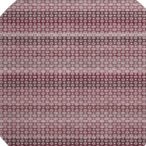 HomeRoots 8' Round Burgundy Merlot & Pink Striped Washable Rug - Durable, UV-Protected, Stain-Resistant Design 693585