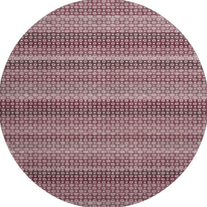 HomeRoots 8' Round Burgundy Merlot & Pink Striped Washable Rug - Durable, UV-Protected, Stain-Resistant Design 693585