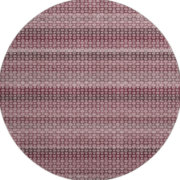 HomeRoots 8' Round Burgundy Merlot & Pink Striped Washable Rug - Durable, UV-Protected, Stain-Resistant Design 693585