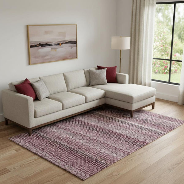 HomeRoots 9' X 12' Burgundy Merlot & Pink Striped Washable Area Rug with UV Protection for Modern Living Spaces 693587