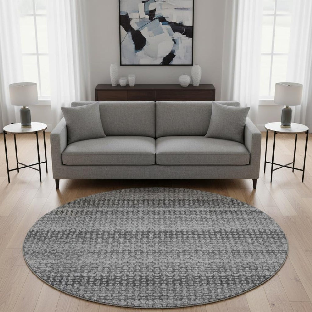 HomeRoots 8' Round Rug - Gray, Silver & Charcoal Stripes - Washable, UV Protected, Durable for High-Traffic Areas 693591