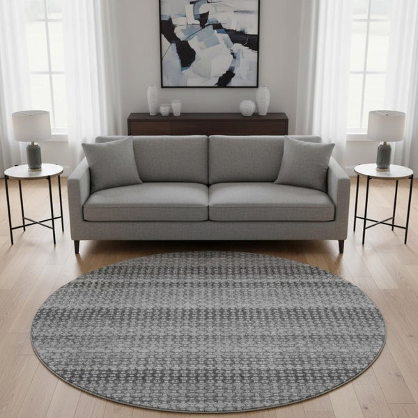 HomeRoots 8' Round Rug - Gray, Silver & Charcoal Stripes - Washable, UV Protected, Durable for High-Traffic Areas 693591