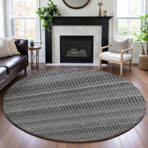 HomeRoots 8' Round Rug - Gray, Silver & Charcoal Stripes - Washable, UV Protected, Durable for High-Traffic Areas 693591