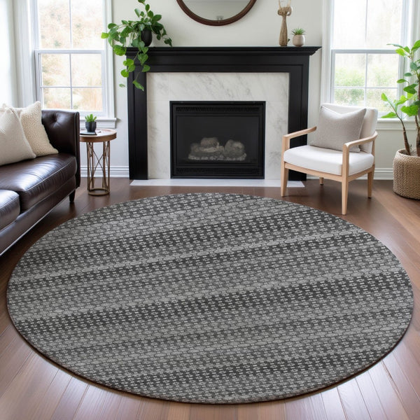 HomeRoots 8' Round Rug - Gray, Silver & Charcoal Stripes - Washable, UV Protected, Durable for High-Traffic Areas 693591