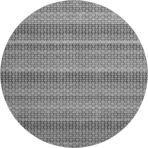 HomeRoots 8' Round Rug - Gray, Silver & Charcoal Stripes - Washable, UV Protected, Durable for High-Traffic Areas 693591
