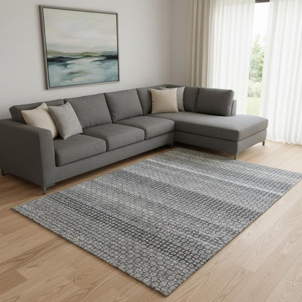HomeRoots 8' Gray Silver and Charcoal Striped Area Rug - Washable, UV Protected, Durable for High-Traffic Homes 693592
