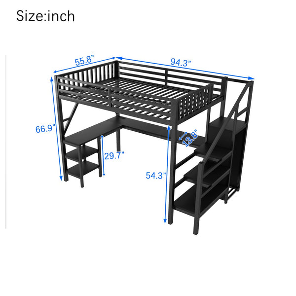 English Elm Metal Full Loft Bed with L Shaped Desk Wardrobe Rgb Lighting and Usb Charging Black W2593S00053