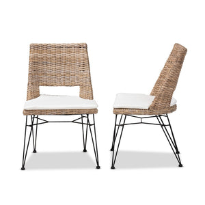 English Elm Modern Woven Rattan Armchair Set of Two Bohemian Dining Chairs with Openwork Frame B2750P470066