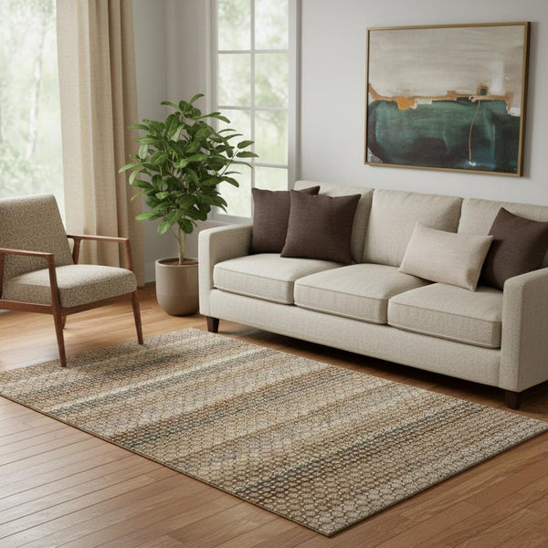 HomeRoots 5' X 8' Striped Washable Area Rug in Rust Beige & Taupe - UV Protected, Stain-Resistant & Durable 693602