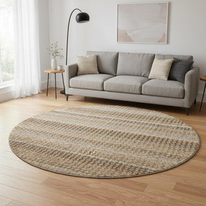HomeRoots 8' X 8' Washable Round Rug in Rust Beige & Taupe Stripes – Durable, UV-Protected & Stain-Resistant! 693603