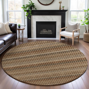 HomeRoots 8' X 8' Washable Round Rug in Rust Beige & Taupe Stripes – Durable, UV-Protected & Stain-Resistant! 693603