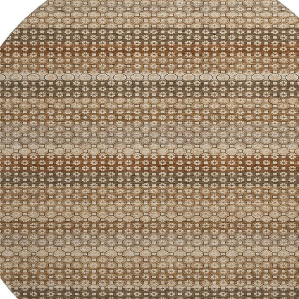 HomeRoots 8' X 8' Washable Round Rug in Rust Beige & Taupe Stripes – Durable, UV-Protected & Stain-Resistant! 693603