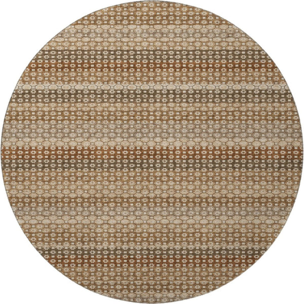 HomeRoots 8' X 8' Washable Round Rug in Rust Beige & Taupe Stripes – Durable, UV-Protected & Stain-Resistant! 693603