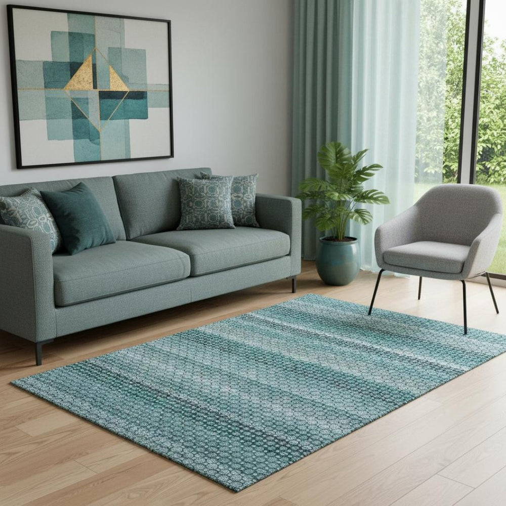 HomeRoots 5' X 8' Striped Washable Area Rug in Teal, Gray & Ivory - Durable, UV Protected for Homes with Kids & Pets 693608