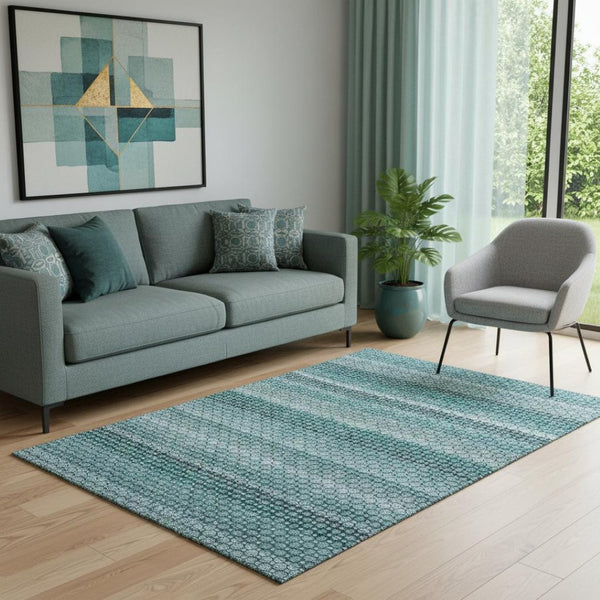 HomeRoots 5' X 8' Striped Washable Area Rug in Teal, Gray & Ivory - Durable, UV Protected for Homes with Kids & Pets 693608