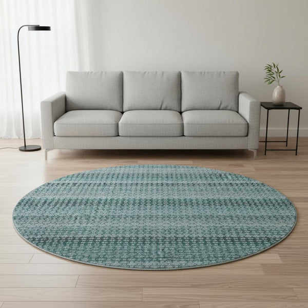 HomeRoots 8' X 8' Stylish Teal Gray Ivory Striped Washable Round Rug with UV Protection for Active Homes 693609