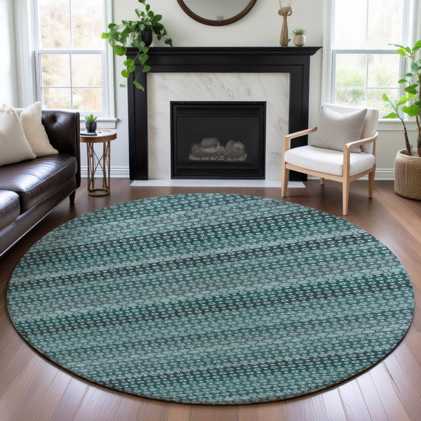 HomeRoots 8' X 8' Stylish Teal Gray Ivory Striped Washable Round Rug with UV Protection for Active Homes 693609