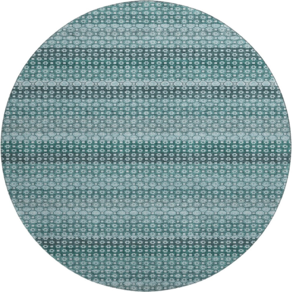 HomeRoots 8' X 8' Stylish Teal Gray Ivory Striped Washable Round Rug with UV Protection for Active Homes 693609