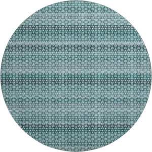 HomeRoots 8' X 8' Stylish Teal Gray Ivory Striped Washable Round Rug with UV Protection for Active Homes 693609